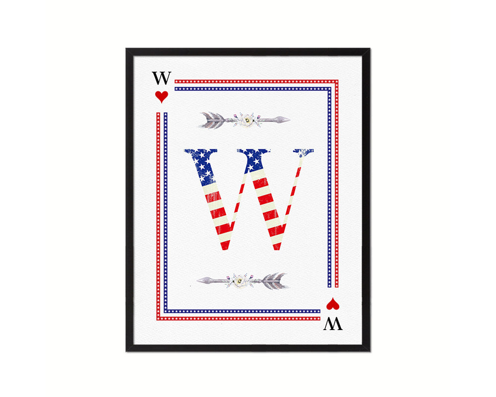 Letter W Personalized Initial American Flag Playing Card Framed Prints Wall Art