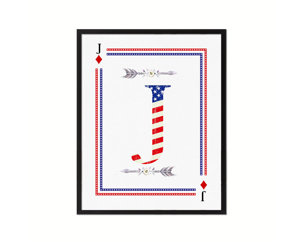 Letter J Personalized Initial American Flag Playing Card Framed Prints Wall Art