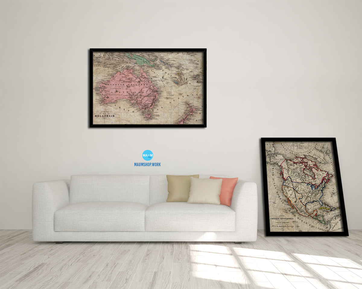 Australia New Zealand Oceania Historical Map Framed Print Art Wall Decor Gifts