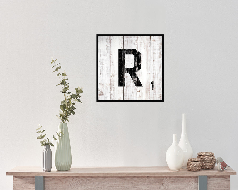 Letter R Custom Scrabble Sign Framed Prints Wall Art Decor Gifts, White Wash Wood