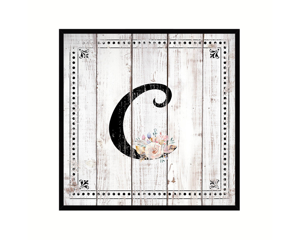Letters C Custom Monogram Name Sign Framed Prints Wall Art Décor, White Wash Wood