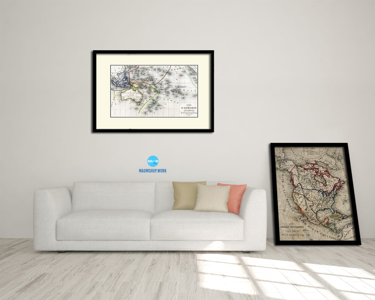 Australia New Zealand Oceania Old Map Framed Print Art Wall Decor Gifts