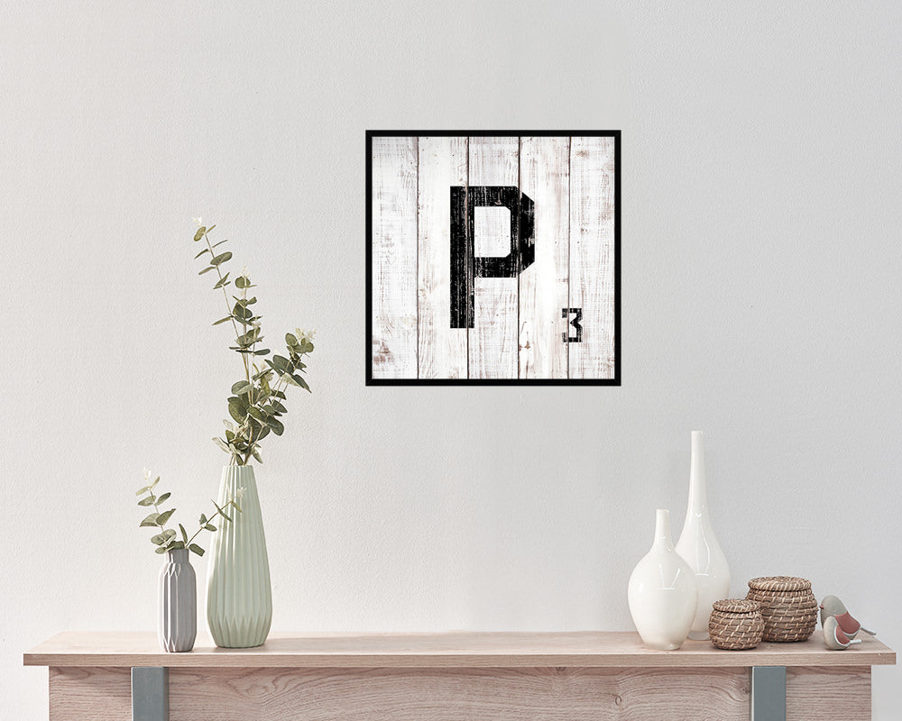 Letter P Custom Scrabble Sign Framed Prints Wall Art Decor Gifts, White Wash Wood