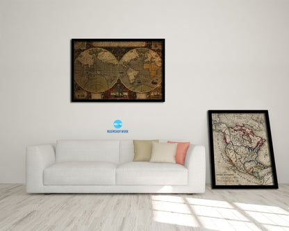 Vera Totius Expeditionis Nautica Double Hemisphere World Vintage Map Framed Print Art Gifts