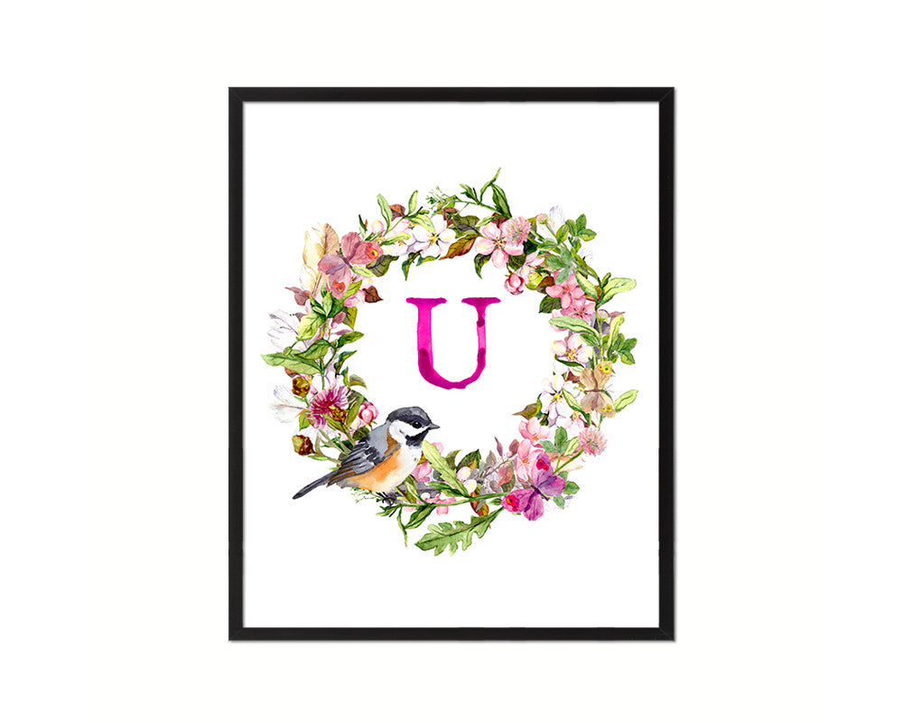 Letter U Custom Floral Wreath Monogram Framed Prints Wall Art