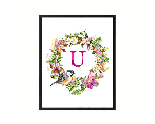 Letter U Custom Floral Wreath Monogram Framed Prints Wall Art