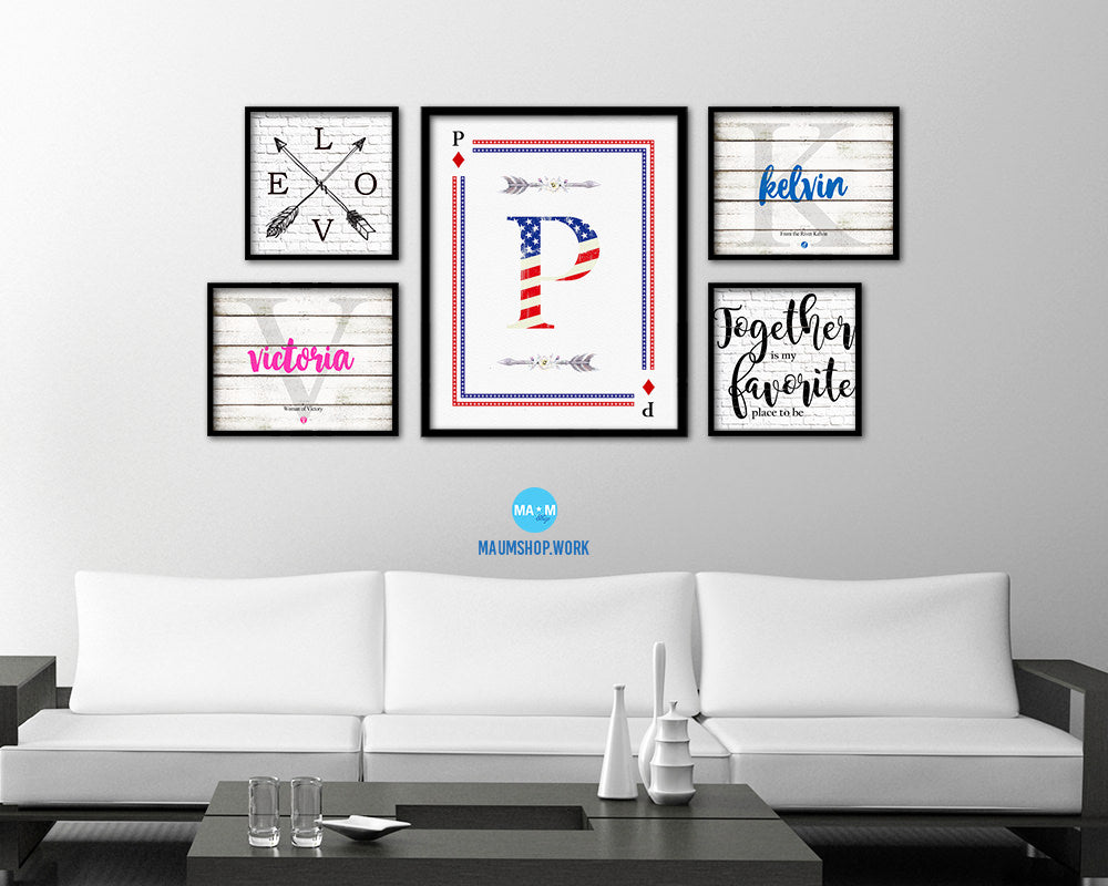 Letter P Personalized Initial American Flag Playing Card Framed Prints Wall Art
