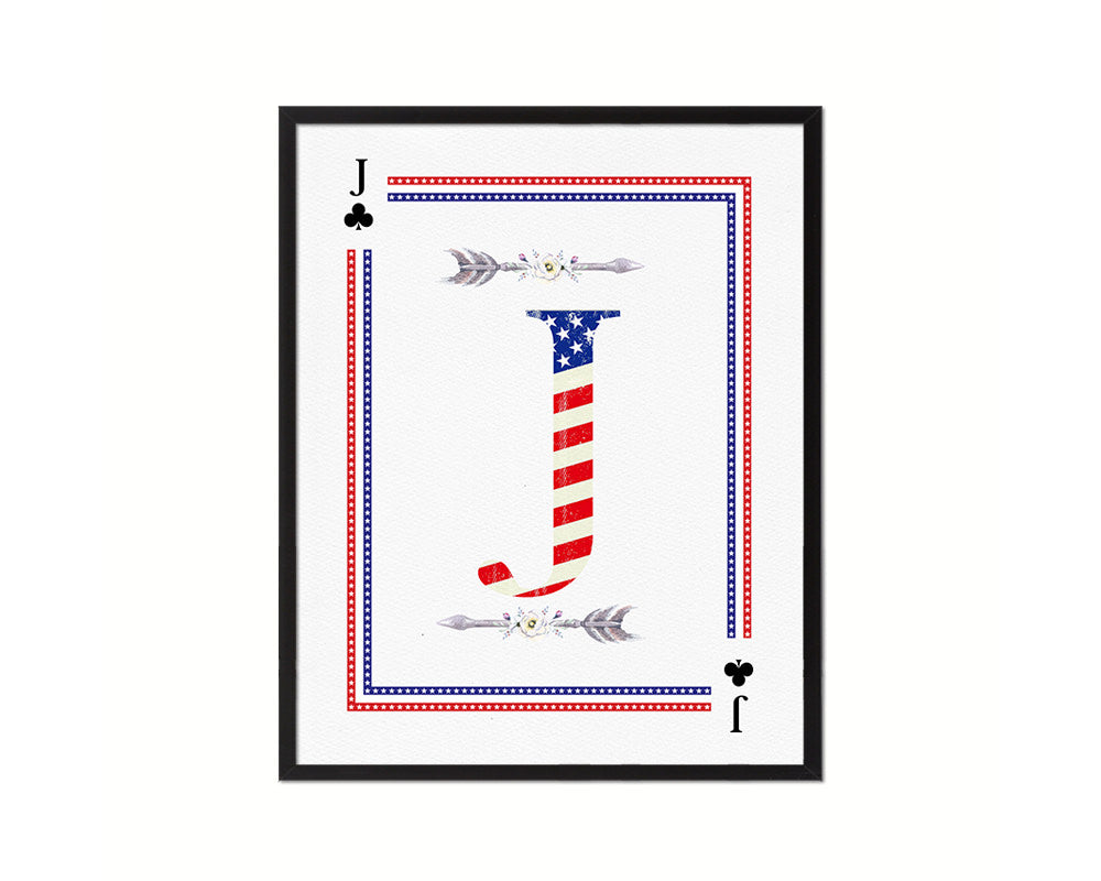Letter J Personalized Initial American Flag Playing Card Framed Prints Wall Art