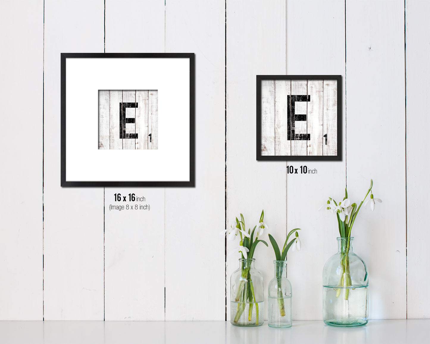 Letter E Custom Scrabble Sign Framed Prints Wall Art Decor Gifts, White Wash Wood