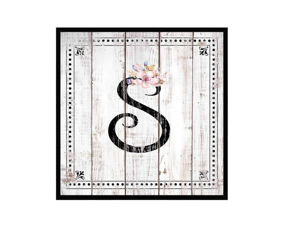 Letters S Custom Monogram Name Sign Framed Prints Wall Art Décor, White Wash Wood