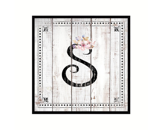 Letters S Custom Monogram Name Sign Framed Prints Wall Art Décor, White Wash Wood