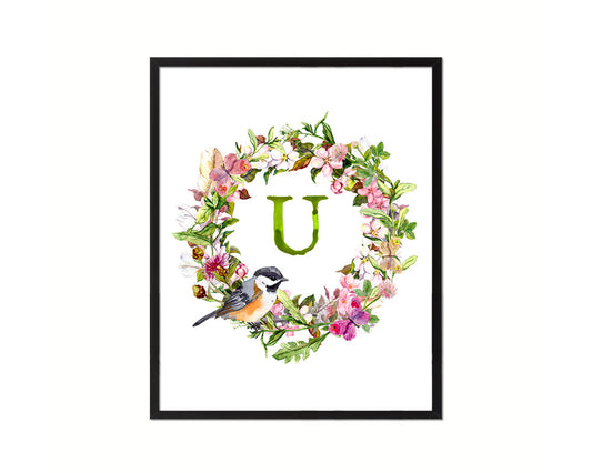 Letter U Custom Floral Wreath Monogram Framed Prints Wall Art