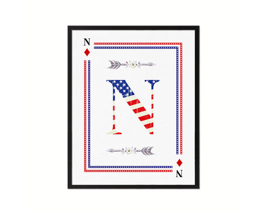 Letter N Personalized Initial American Flag Playing Card Framed Prints Wall Art