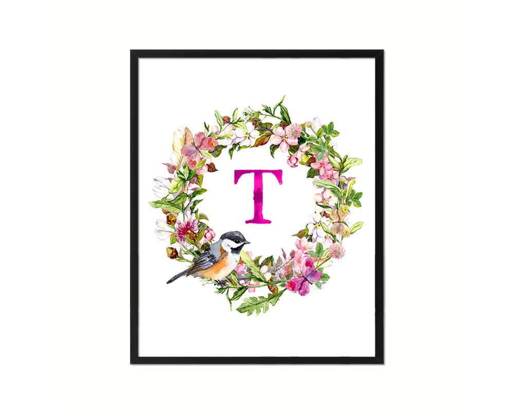 Letter T Custom Floral Wreath Monogram Framed Prints Wall Art