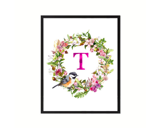 Letter T Custom Floral Wreath Monogram Framed Prints Wall Art