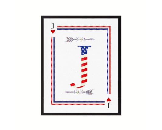 Letter J Personalized Initial American Flag Playing Card Framed Prints Wall Art