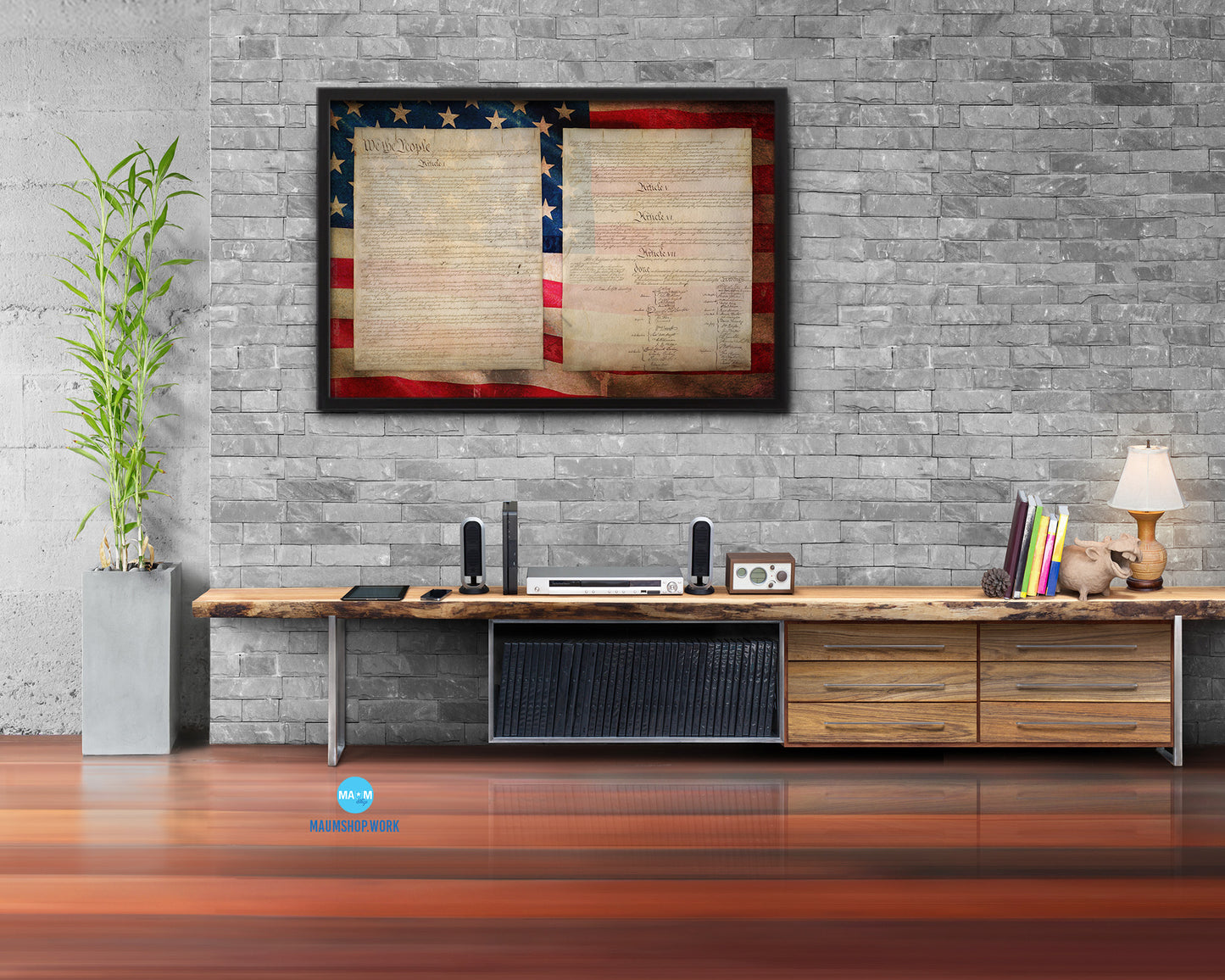Constitution We the people US Historical Print Art Wood Framed Wall Decor Gifts, 12" x 16"