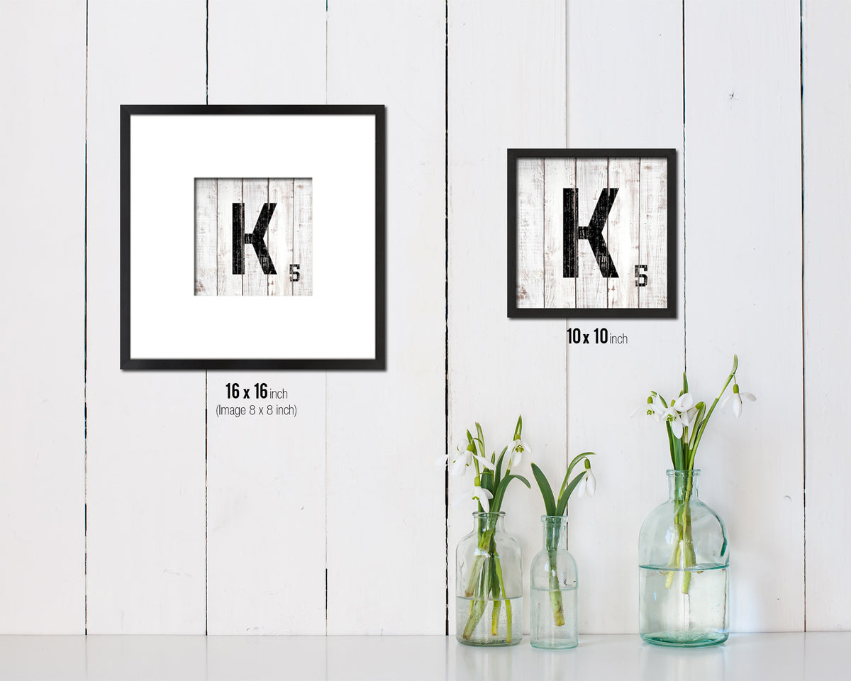 Letter K Custom Scrabble Sign Framed Prints Wall Art Decor Gifts, White Wash Wood