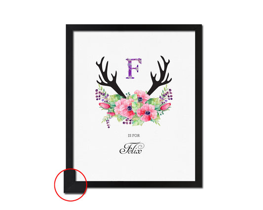 Letter F Watercolor Floral Boho Custom Initial Name Sign Framed Prints Wall Art