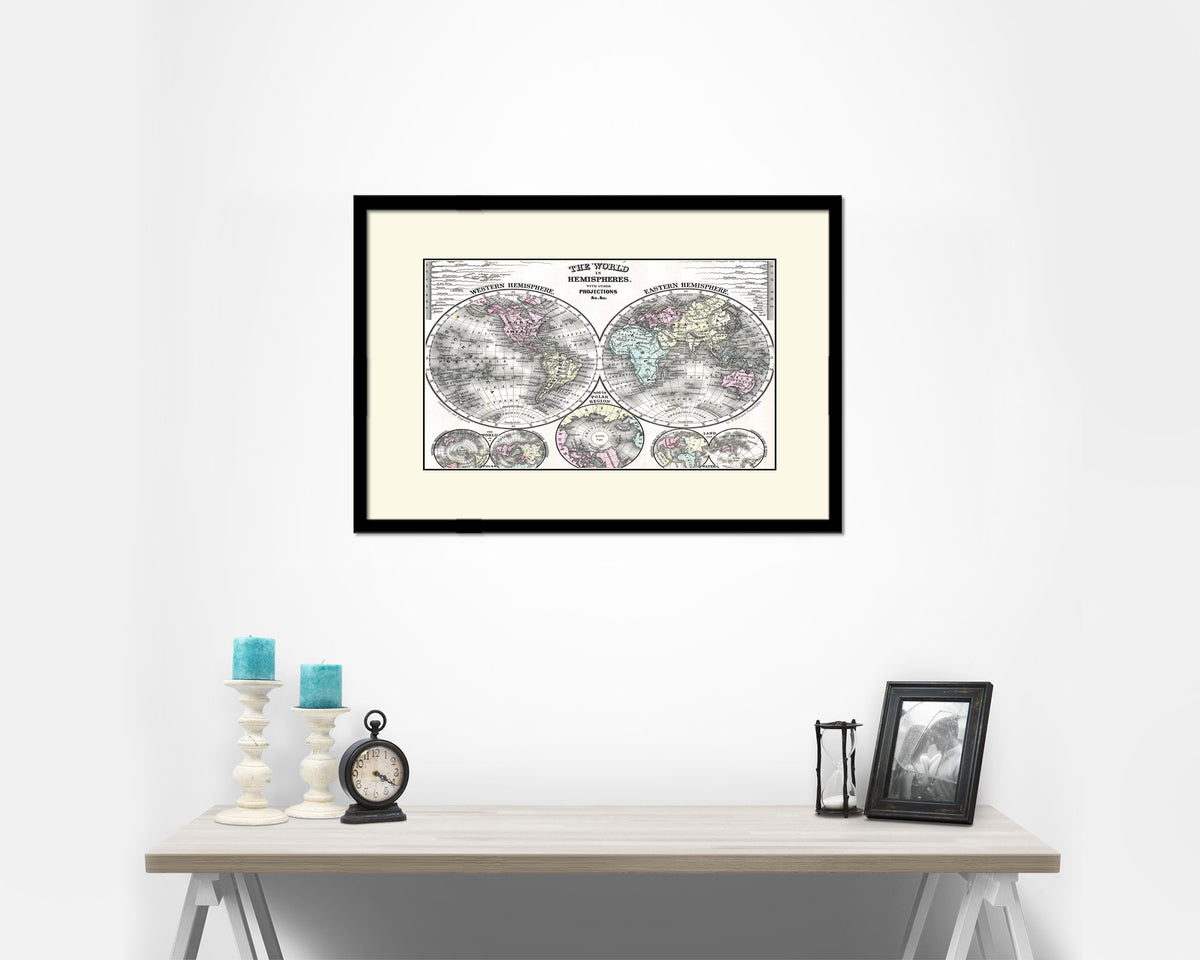World Hemispheres 1870 Old Map Framed Print Art Wall Decor Gifts