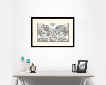 World Hemispheres 1870 Old Map Framed Print Art Wall Decor Gifts
