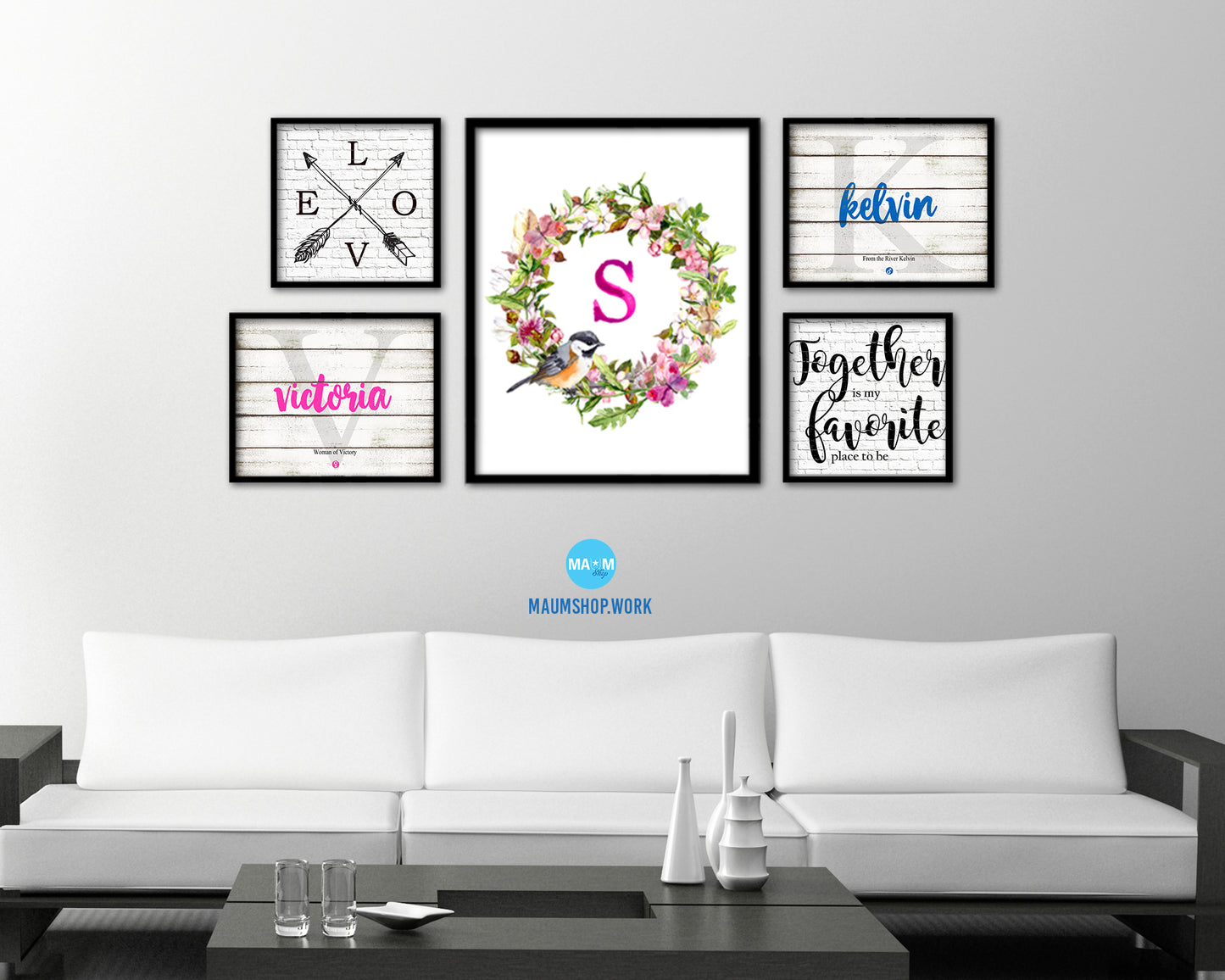 Letter S Custom Floral Wreath Monogram Framed Prints Wall Art
