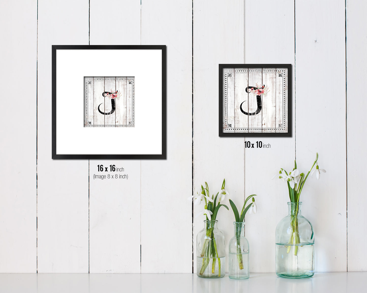 Letters J Custom Monogram Name Sign Framed Prints Wall Art Décor, White Wash Wood