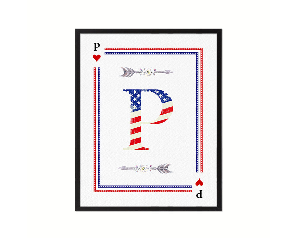 Letter P Personalized Initial American Flag Playing Card Framed Prints Wall Art