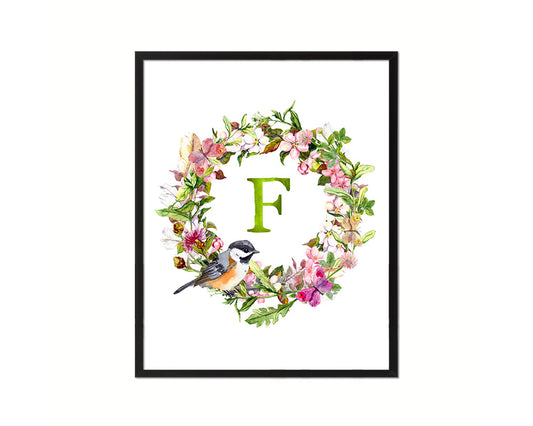 Letter F Custom Floral Wreath Monogram Framed Prints Wall Art