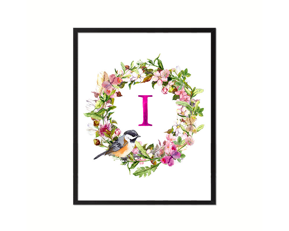 Letter I Custom Floral Wreath Monogram Framed Prints Wall Art