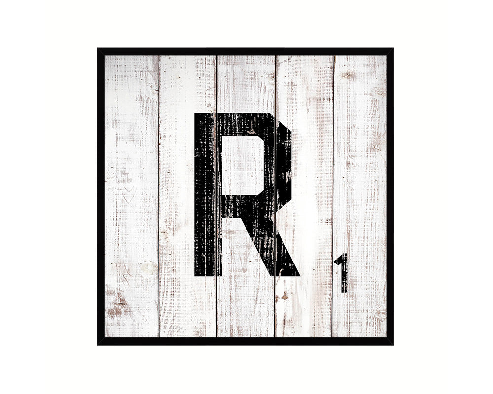 Letter R Custom Scrabble Sign Framed Prints Wall Art Decor Gifts, White Wash Wood