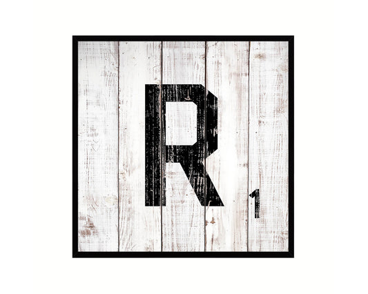 Letter R Custom Scrabble Sign Framed Prints Wall Art Decor Gifts, White Wash Wood