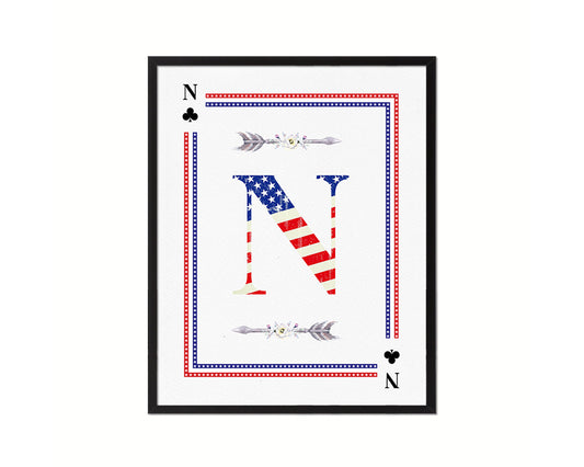 Letter N Personalized Initial American Flag Playing Card Framed Prints Wall Art