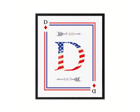 Letter D Personalized Initial American Flag Playing Card Framed Prints Wall Art