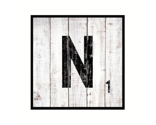 Letter N Custom Scrabble Sign Framed Prints Wall Art Decor Gifts, White Wash Wood