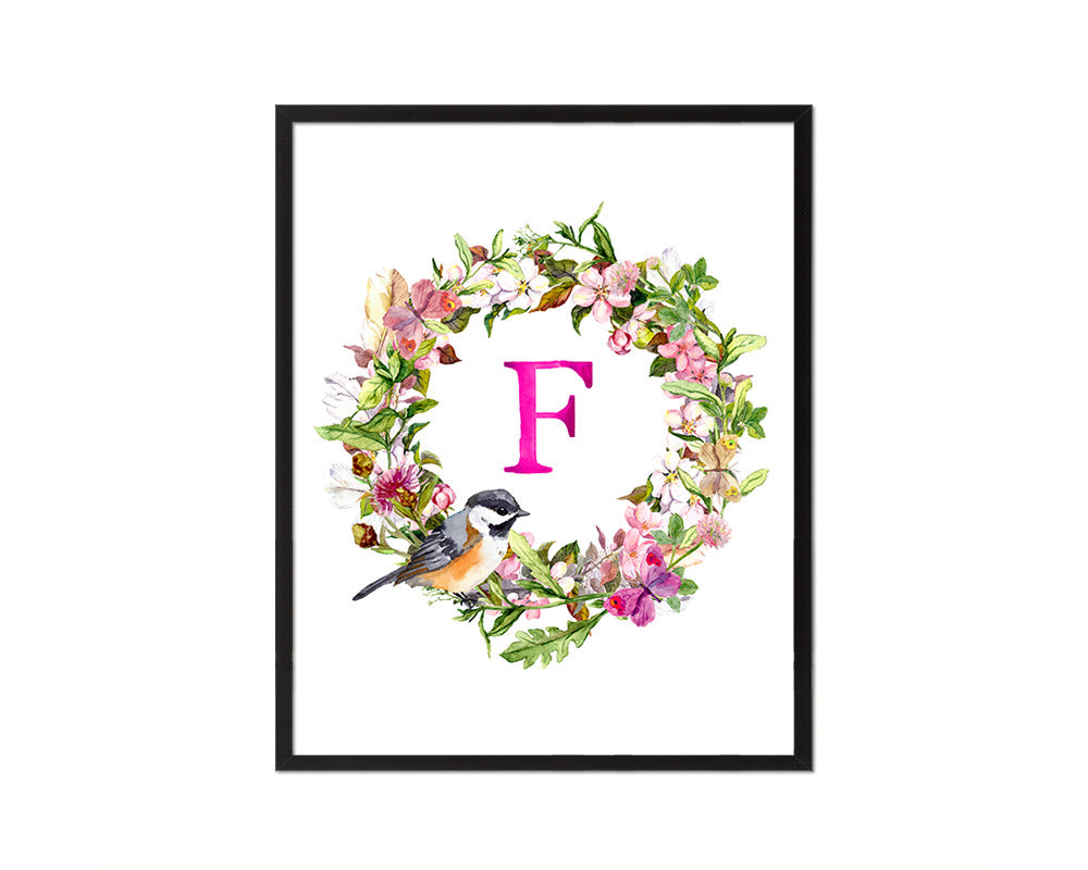 Letter F Custom Floral Wreath Monogram Framed Prints Wall Art