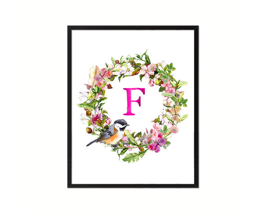 Letter F Custom Floral Wreath Monogram Framed Prints Wall Art