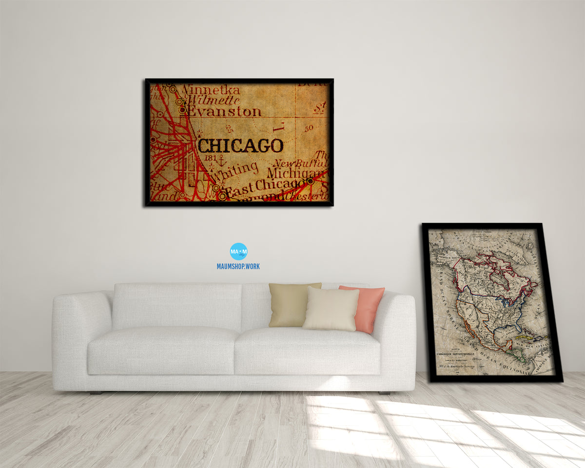 Chicago Illinois Vintage Map Framed Print Art Wall Decor Gifts