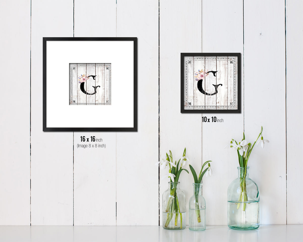 Letters G Custom Monogram Name Sign Framed Prints Wall Art Décor, White Wash Wood