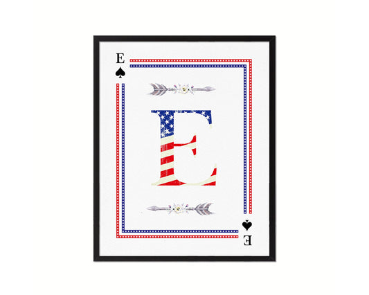Letter E Personalized Initial American Flag Playing Card Framed Prints Wall Art