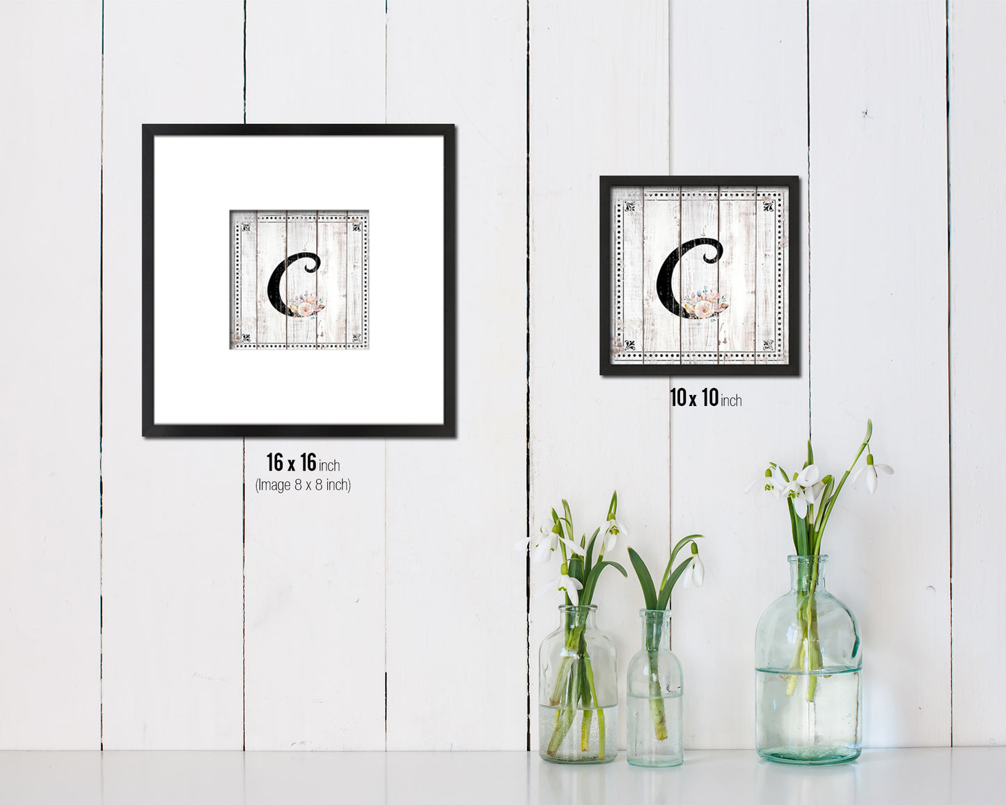 Letters C Custom Monogram Name Sign Framed Prints Wall Art Décor, White Wash Wood