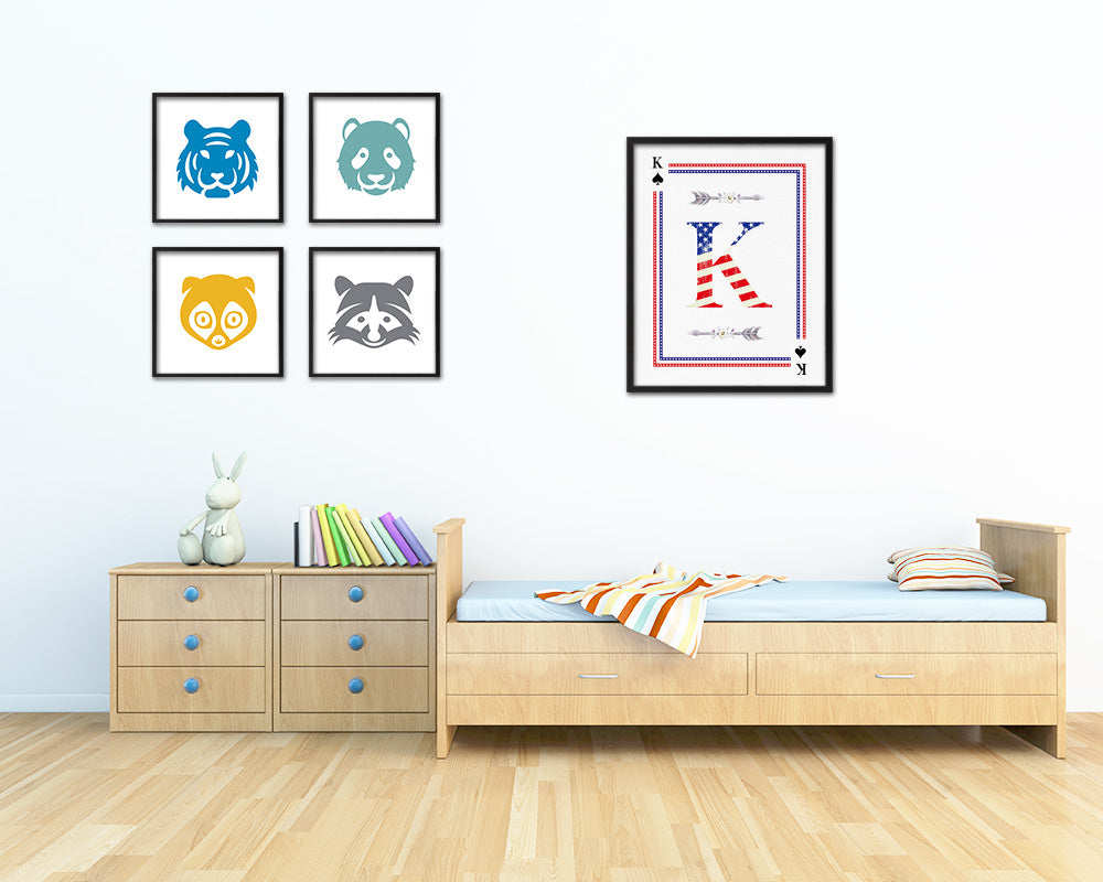 Letter K Personalized Initial American Flag Playing Card Framed Prints Wall Art