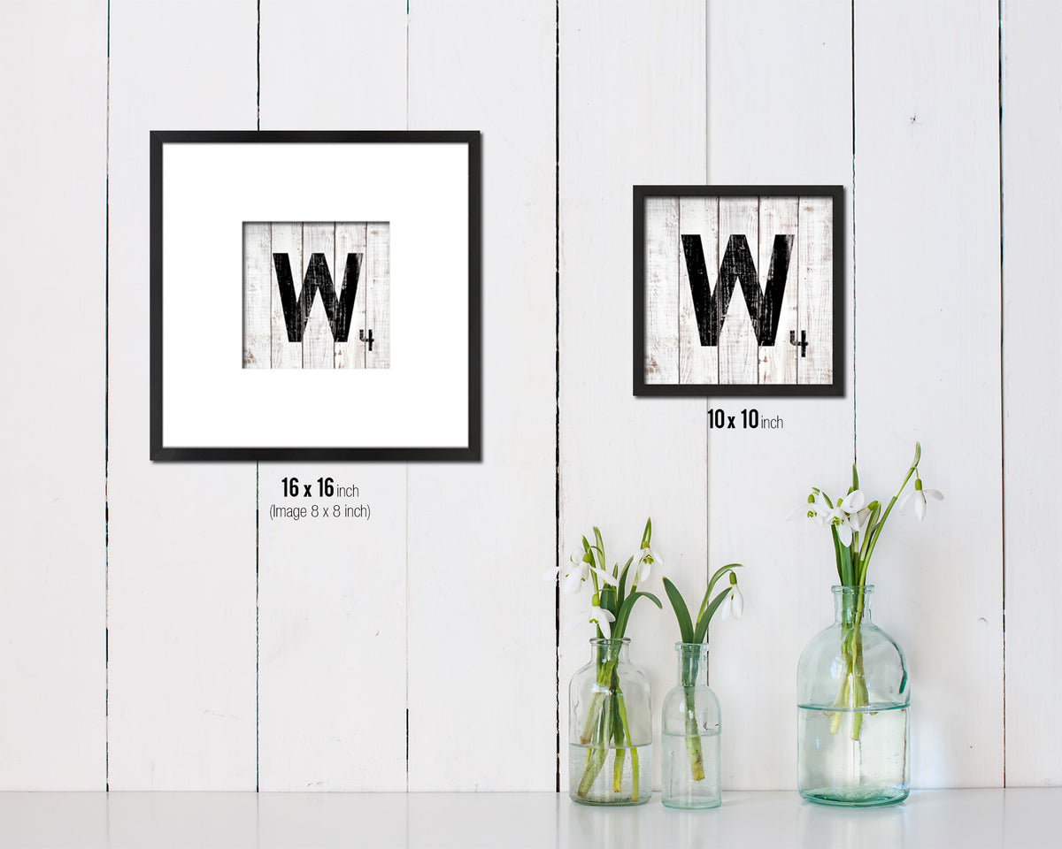 Letter W Custom Scrabble Sign Framed Prints Wall Art Decor Gifts, White Wash Wood