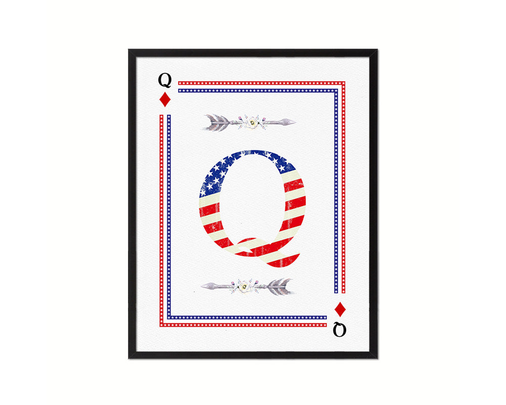 Letter Q Personalized Initial American Flag Playing Card Framed Prints Wall Art