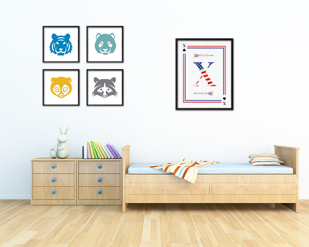Letter X Personalized Initial American Flag Playing Card Framed Prints Wall Art