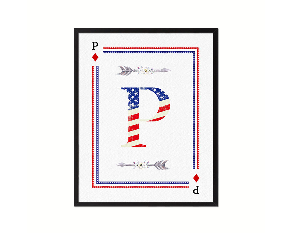 Letter P Personalized Initial American Flag Playing Card Framed Prints Wall Art
