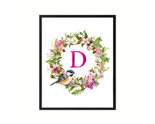 Letter D Custom Floral Wreath Monogram Framed Prints Wall Art