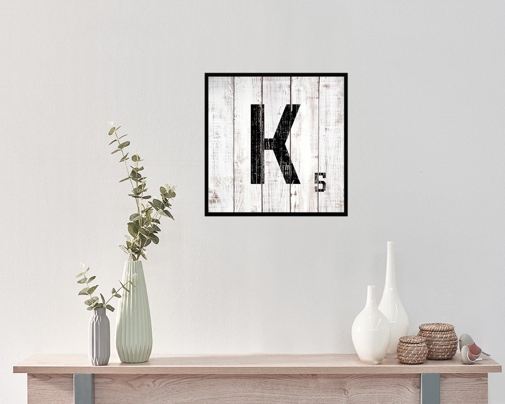 Letter K Custom Scrabble Sign Framed Prints Wall Art Decor Gifts, White Wash Wood