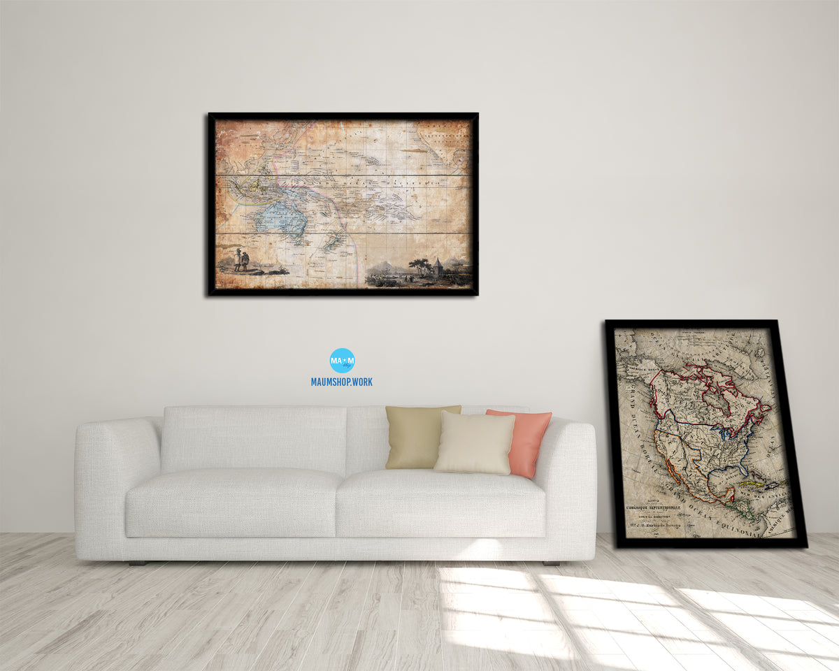 Australia New Zealand Oceania Cruises Antique Map Framed Print Art Wall Decor Gifts