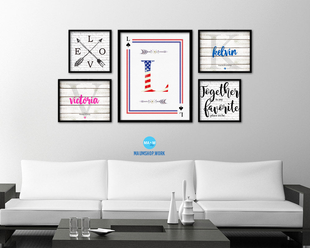 Letter L Personalized Initial American Flag Playing Card Framed Prints Wall Art